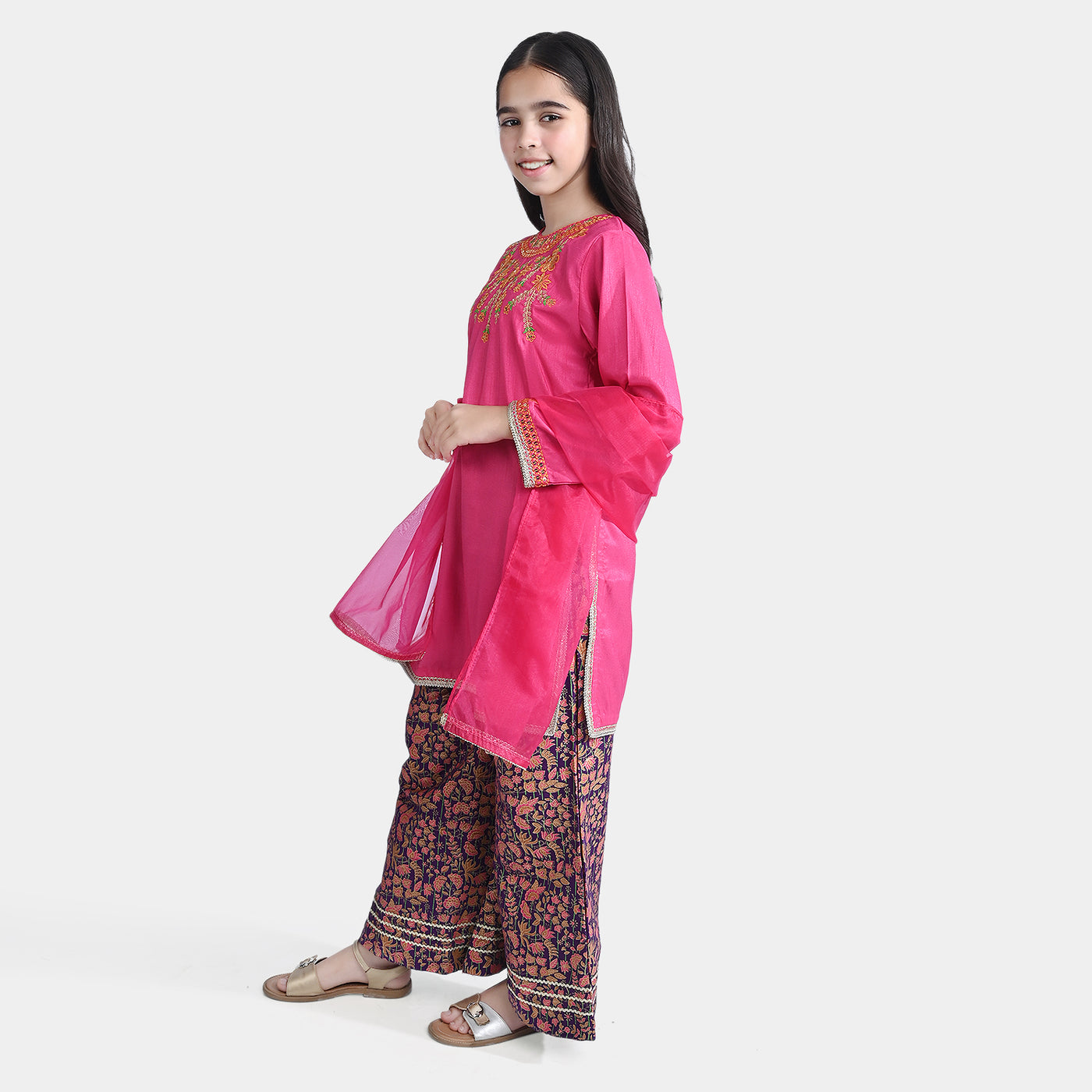 Girls Raw Silk 3PC Suit Husn-B.Pink