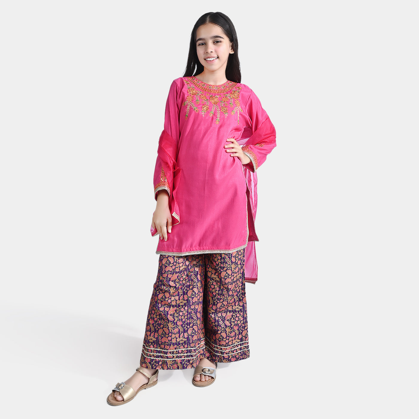 Girls Raw Silk 3PC Suit Husn-B.Pink