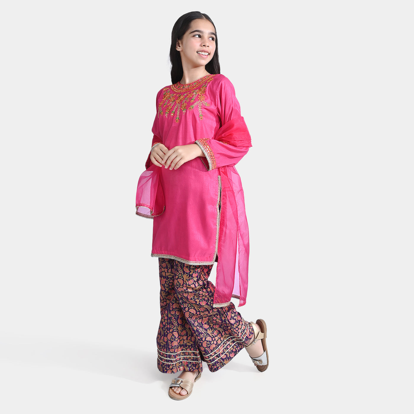 Girls Raw Silk 3PC Suit Husn-B.Pink