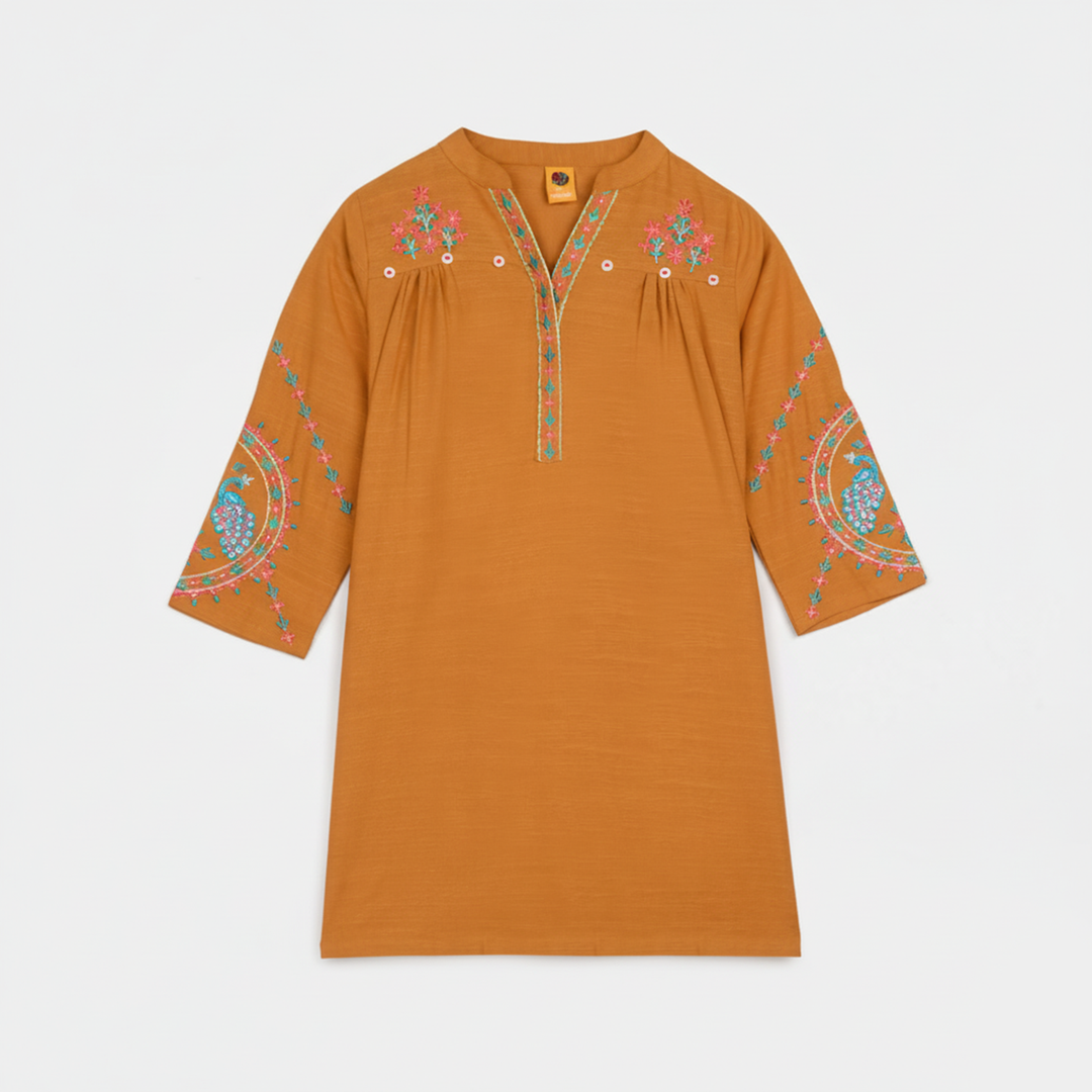 Girls Cotton Slub Emb Kurti Ujala-Mustard