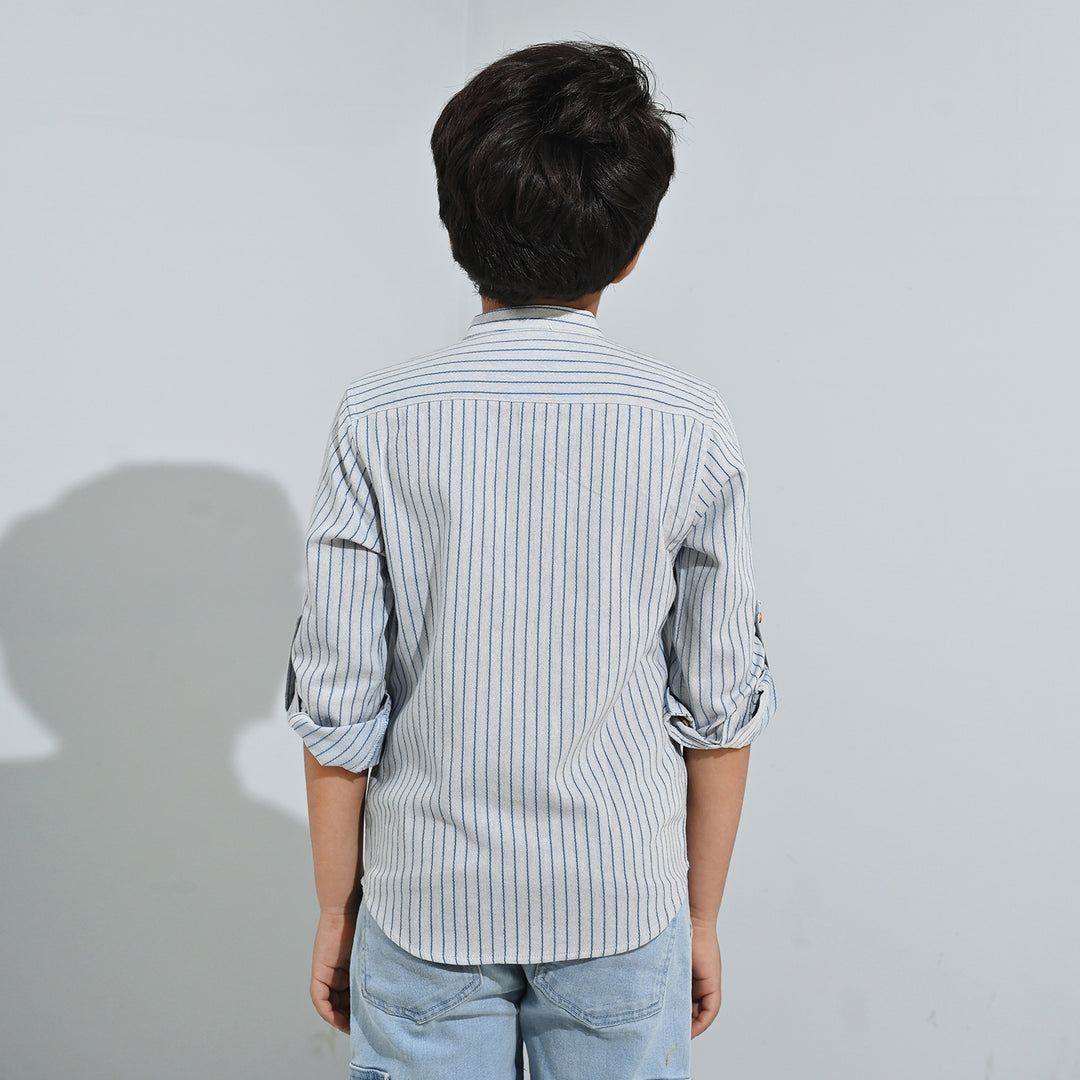 Boys Yarn Dyed Shirt F/S - Navy Stripe