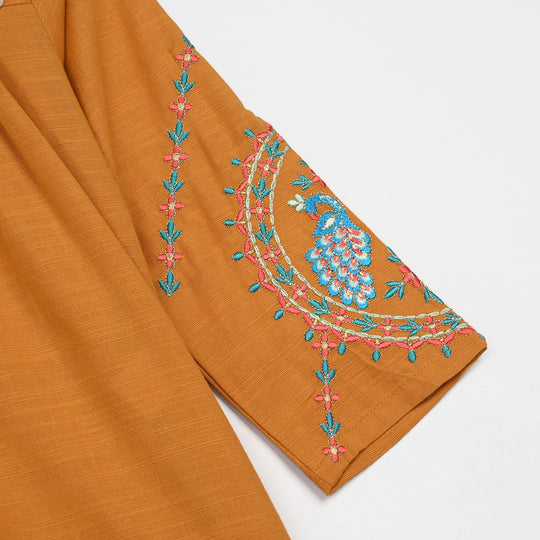 Girls Cotton Slub Emb Kurti Ujala-Mustard