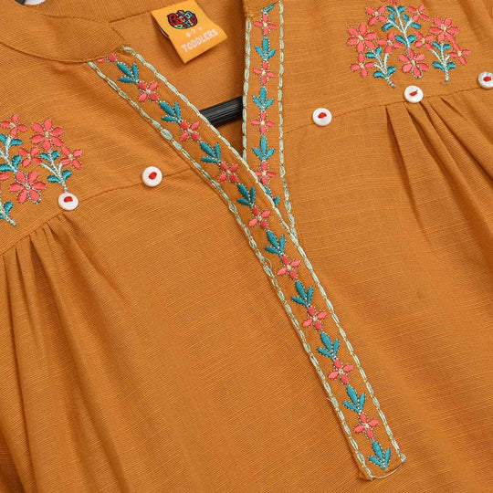 Girls Cotton Slub Emb Kurti Ujala-Mustard