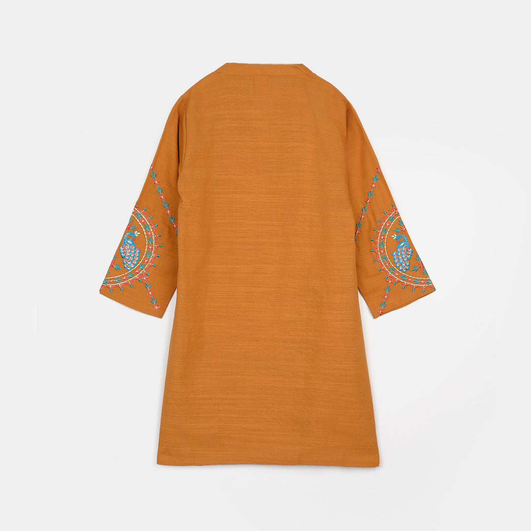 Girls Cotton Slub Emb Kurti Ujala-Mustard