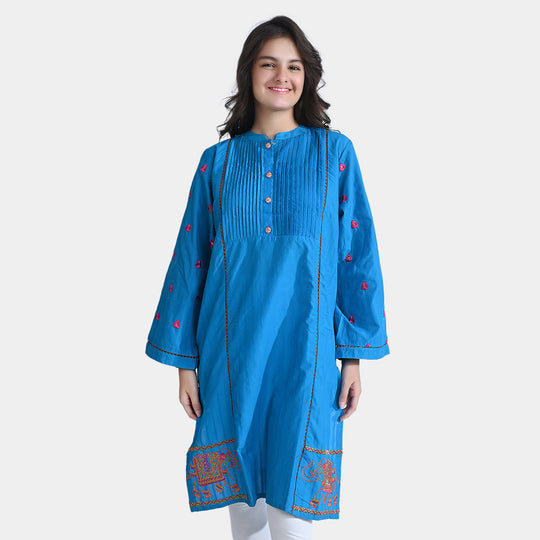 Teen Girls Jacquard EMB Kurti Elephant-Teal