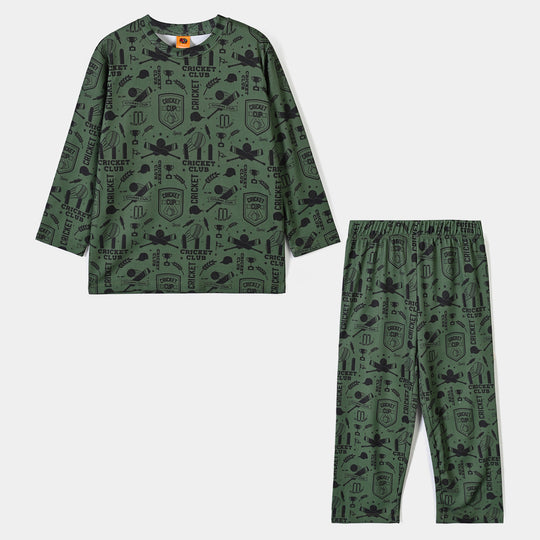 Boys Poly Cotton Jersey Night Suit Cricket Club-Green