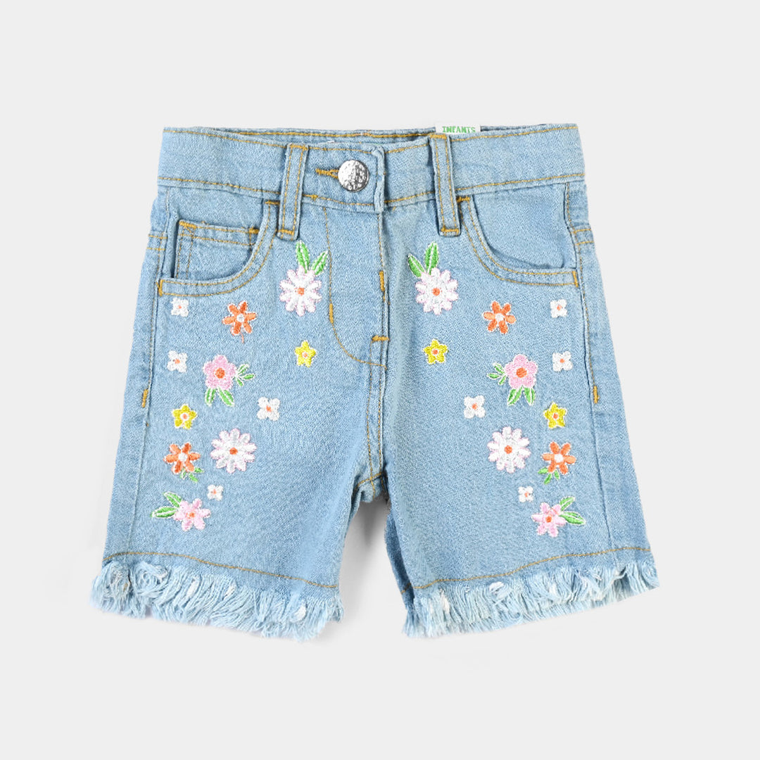 Infant Girls Denim Rigid Short Denim Flower EMB-Mid Blue