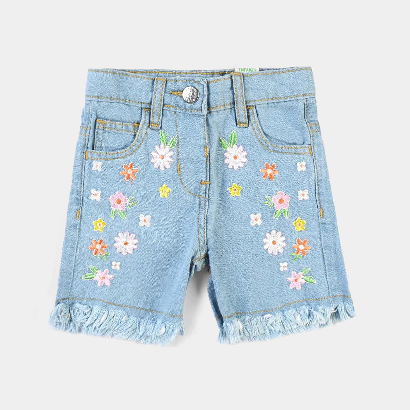 Infant Girls Denim Rigid Short Denim Flower EMB-Mid Blue