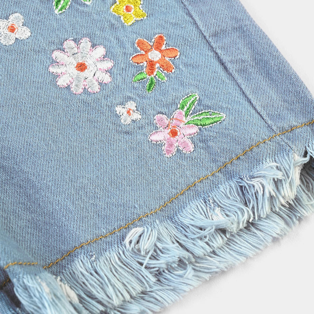 Infant Girls Denim Rigid Short Denim Flower EMB-Mid Blue