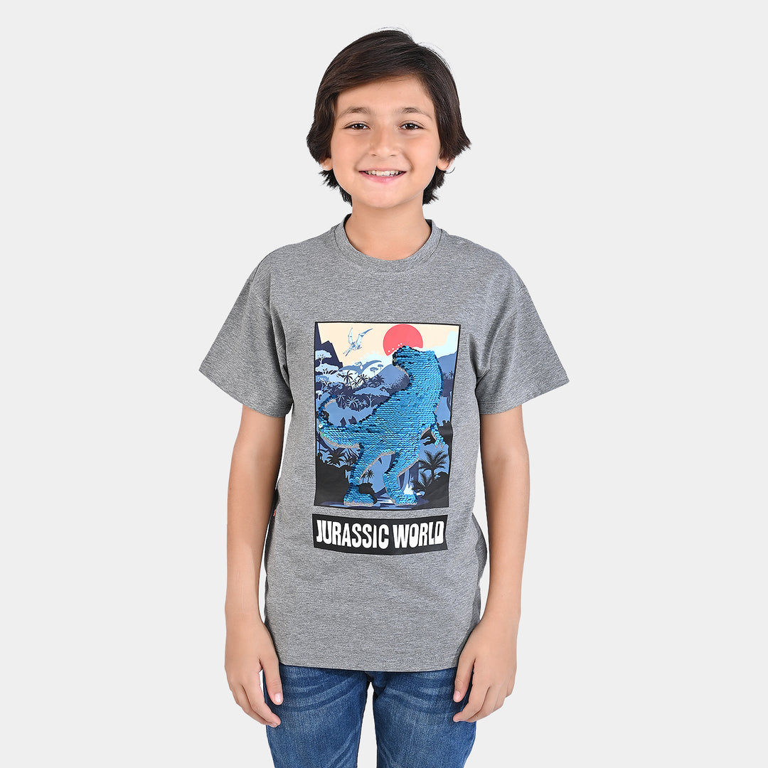 Boys Lycra Jersey T-Shirt Dinosaur World-GREY