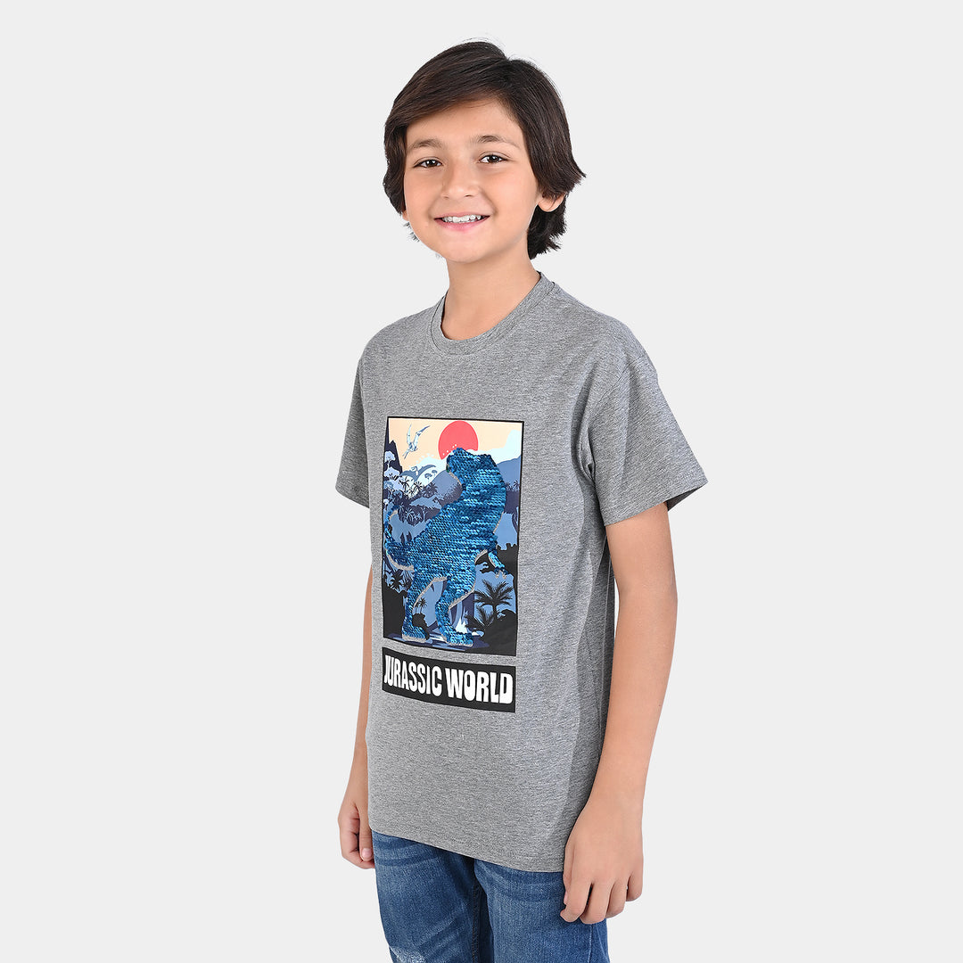 Boys Lycra Jersey T-Shirt Dinosaur World-GREY