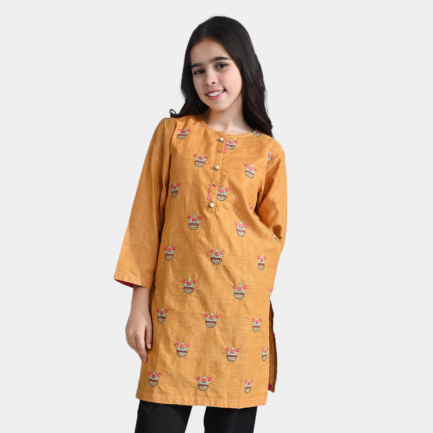 Girls Jacquard Embroidered Kurti Flower Pots-Mustard