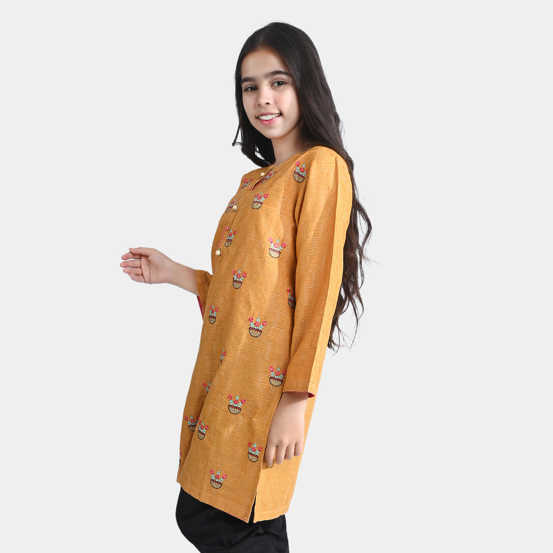 Girls Jacquard Embroidered Kurti Flower Pots-Mustard