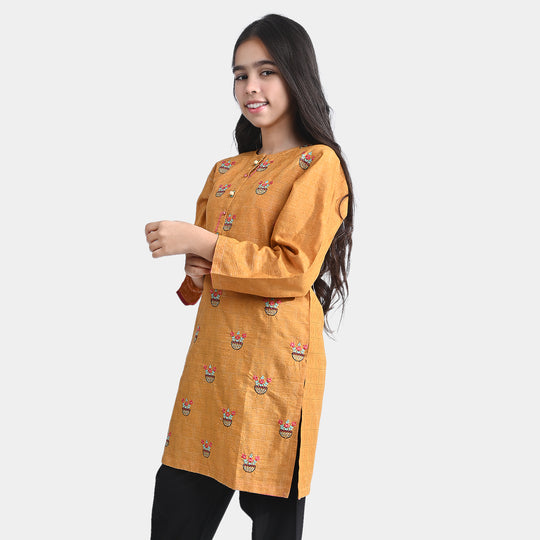 Girls Jacquard Embroidered Kurti Flower Pots-Mustard