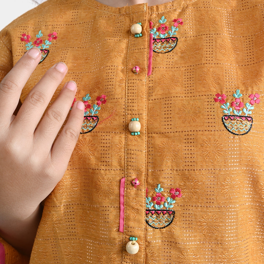 Girls Jacquard Embroidered Kurti Flower Pots-Mustard