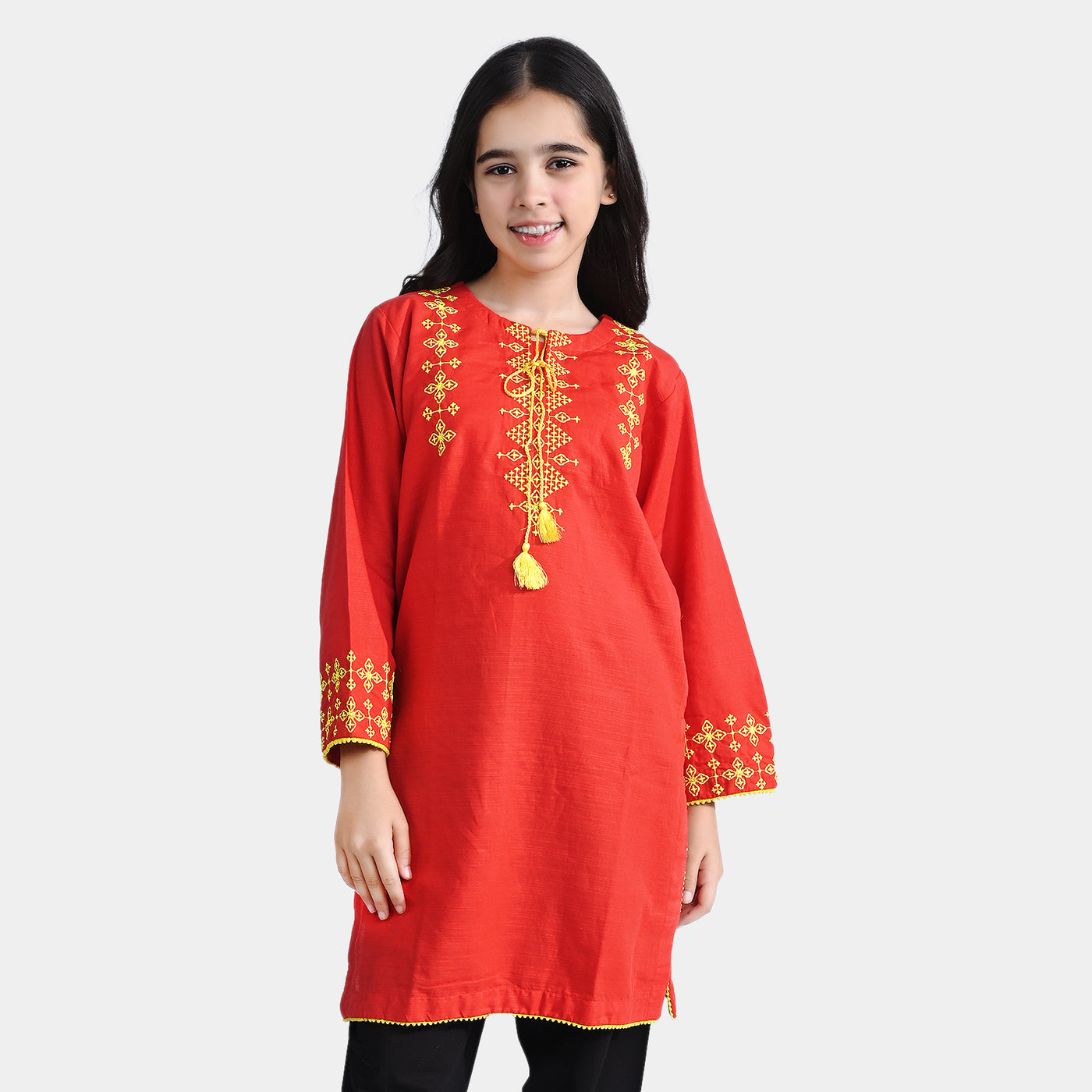 Girls Cotton Slub Embroidered Kurti Noori-Red