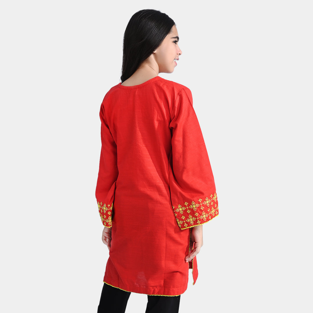 Girls Cotton Slub Embroidered Kurti Noori-Red