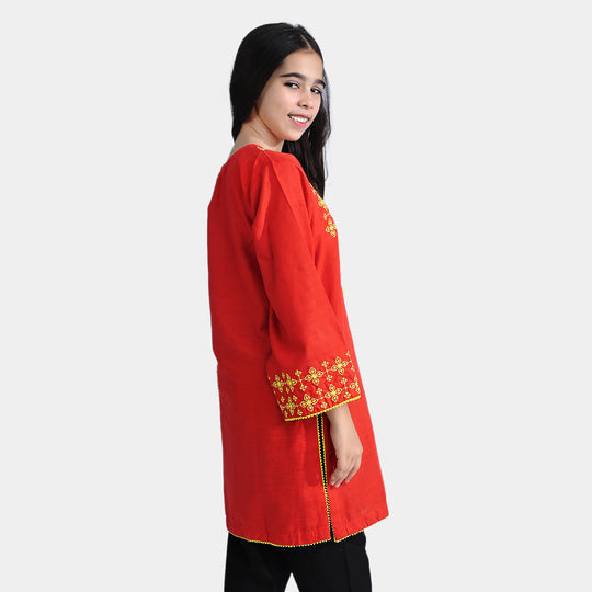 Girls Cotton Slub Embroidered Kurti Noori-Red