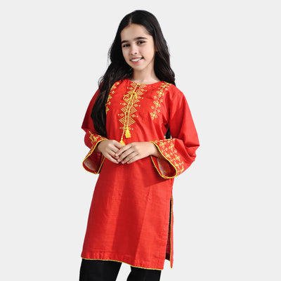 Girls Cotton Slub Embroidered Kurti Noori-Red