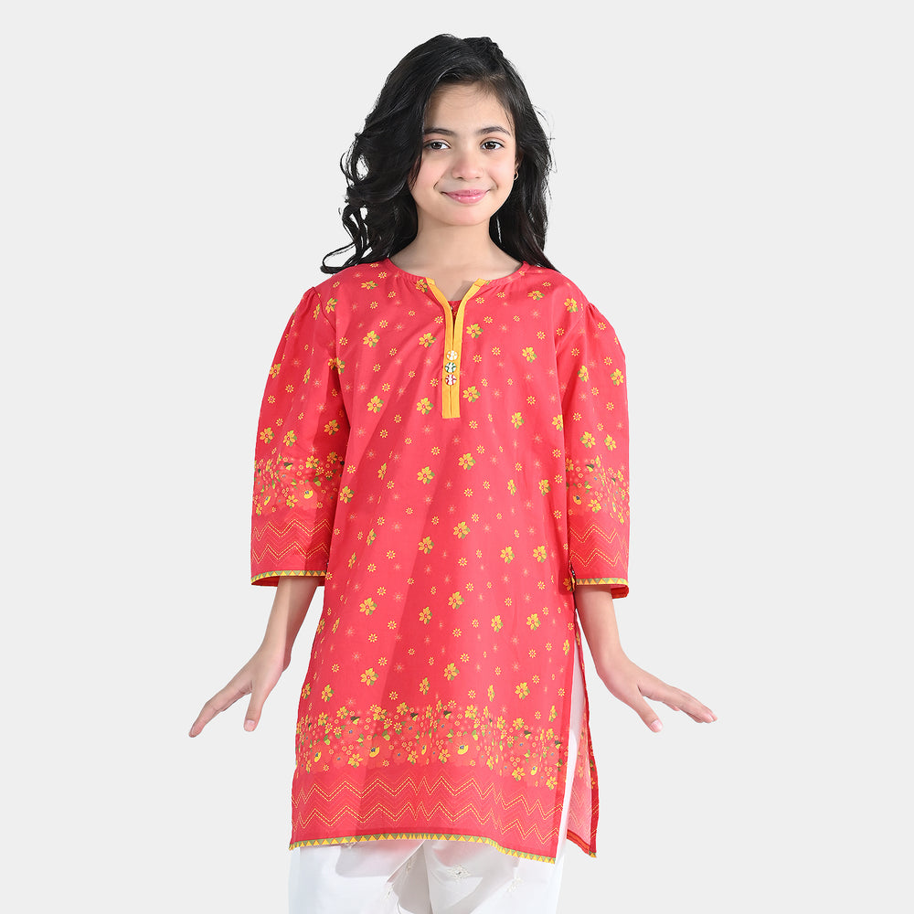 Girls Cotton Printed Kurti Dhanak - Red