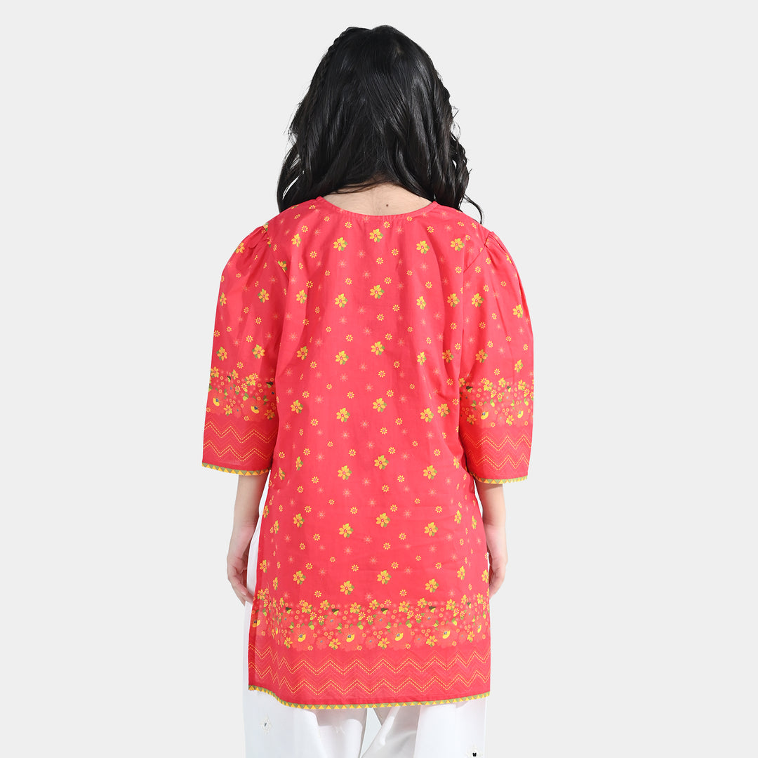 Girls Cotton Printed Kurti Dhanak - Red