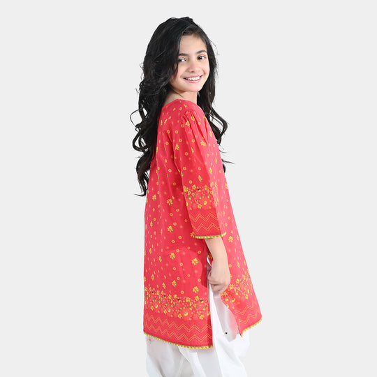 Girls Cotton Printed Kurti Dhanak - Red