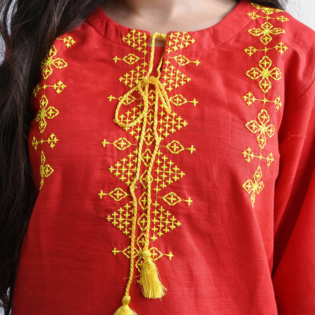 Girls Cotton Slub Embroidered Kurti Noori-Red