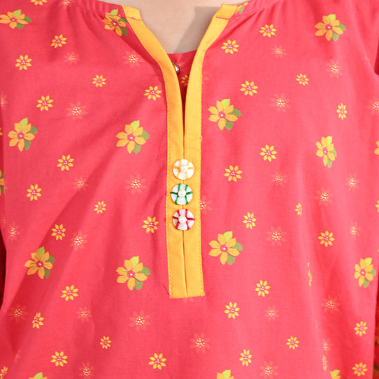 Girls Cotton Printed Kurti Dhanak - Red