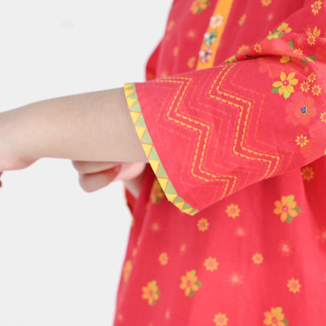 Girls Cotton Printed Kurti Dhanak - Red