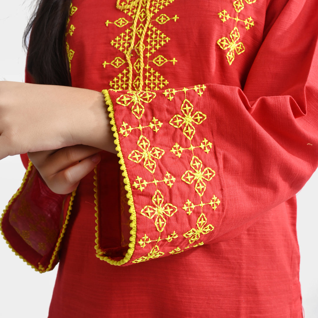 Girls Cotton Slub Embroidered Kurti Noori-Red