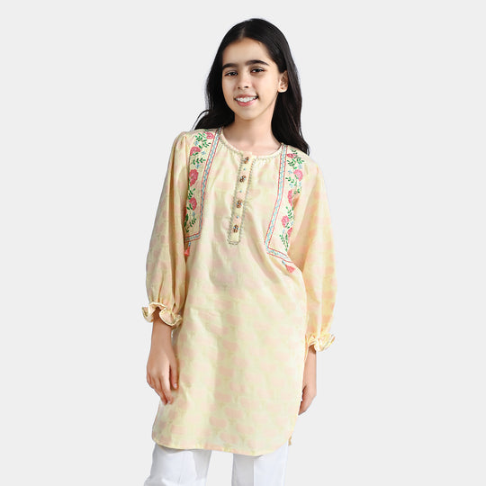 Girls Jacquard Embroidered Kurti Many Flower-L.Yellow