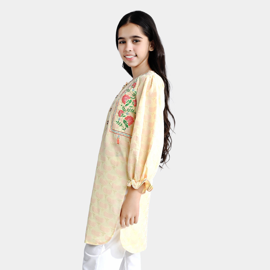 Girls Jacquard Embroidered Kurti Many Flower-L.Yellow