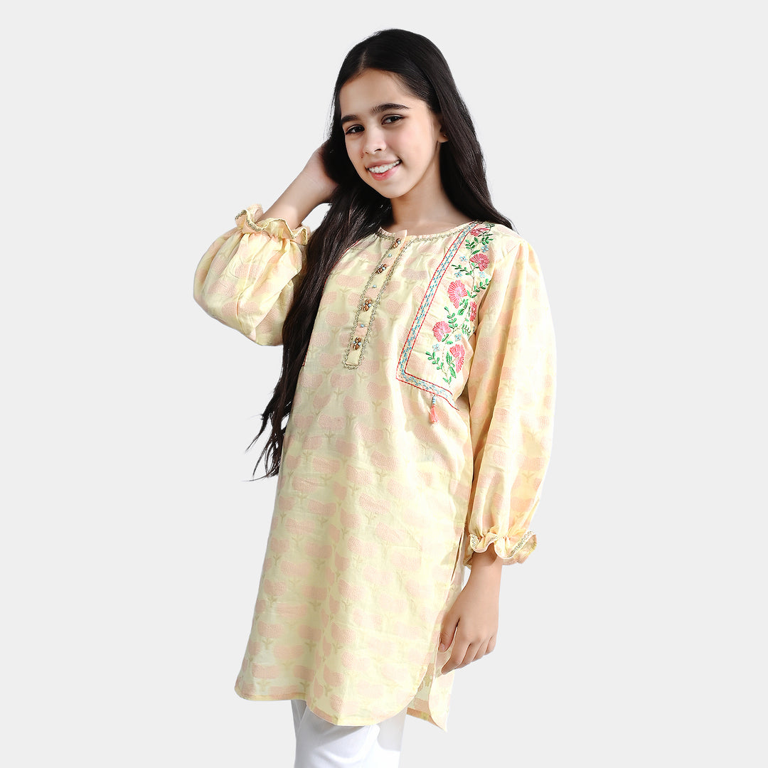 Girls Jacquard Embroidered Kurti Many Flower-L.Yellow