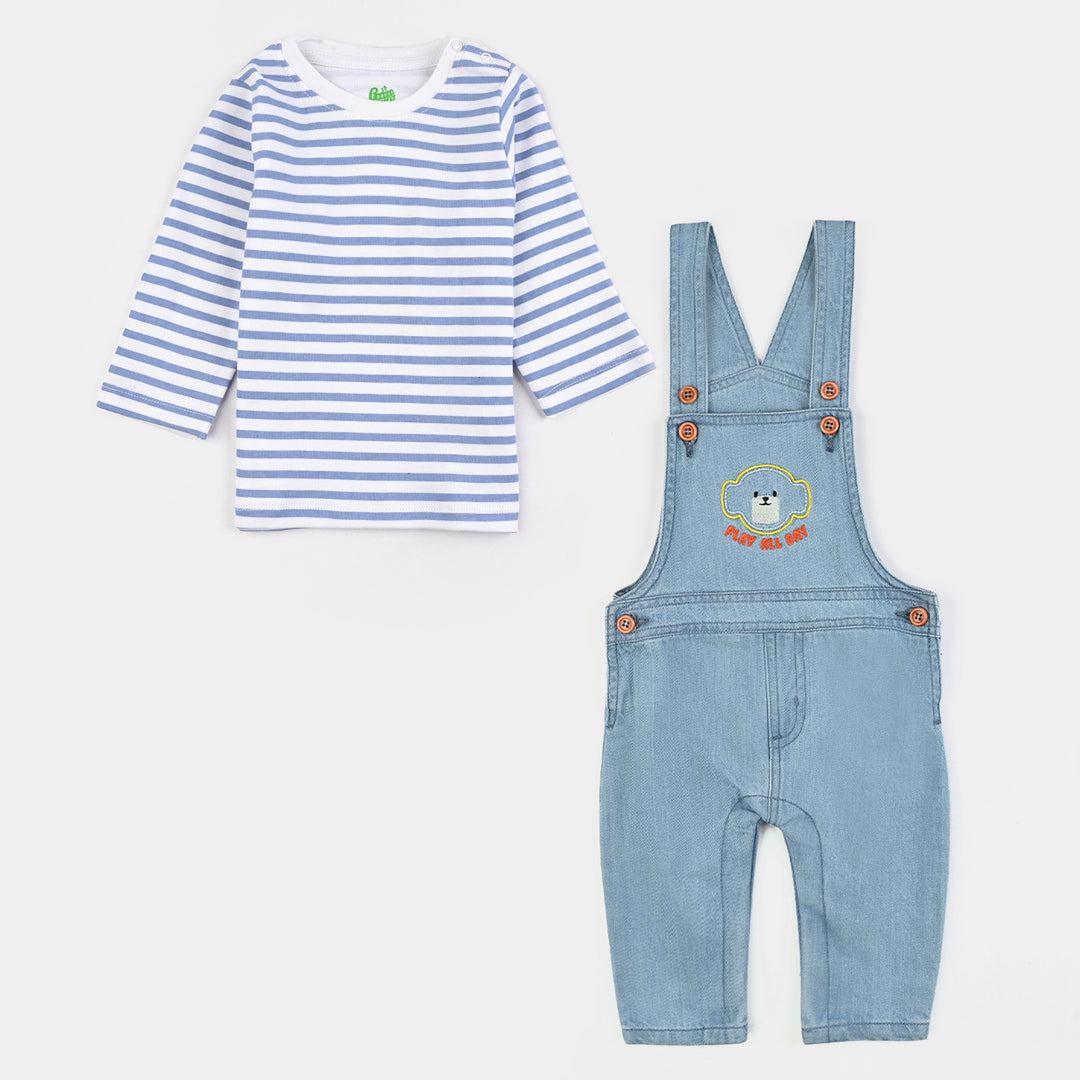 Infant Boys Denim (Light Denim) Dungaree Suit-Abstract Bear-Mid Blue