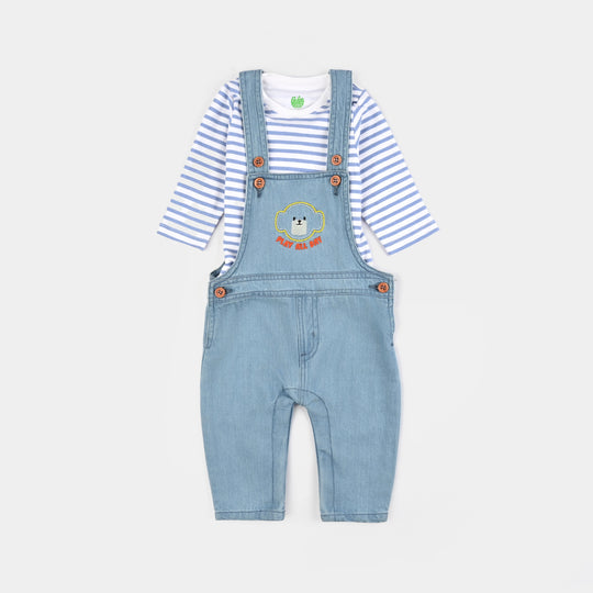 Infant Boys Denim (Light Denim) Dungaree Suit-Abstract Bear-Mid Blue