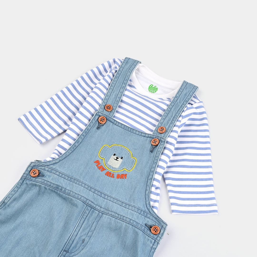 Infant Boys Denim (Light Denim) Dungaree Suit-Abstract Bear-Mid Blue