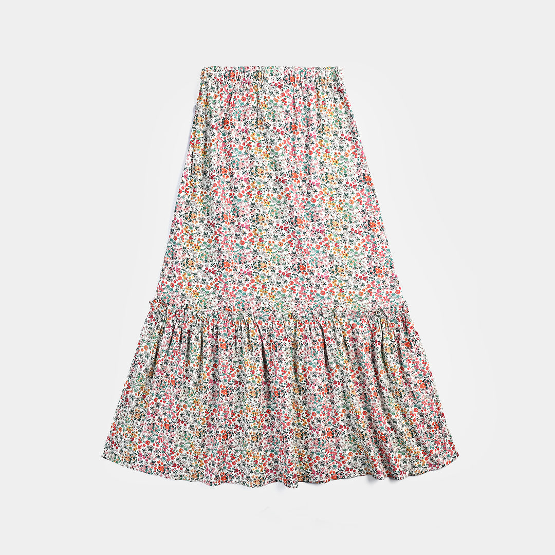 Girls Cotton Poplin Long Skirt Chin Print-Multi