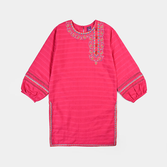 Girls Cotton Emb Kurti Cuffed-Pink