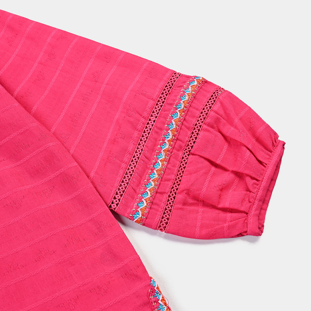 Girls Cotton Emb Kurti Cuffed-Pink