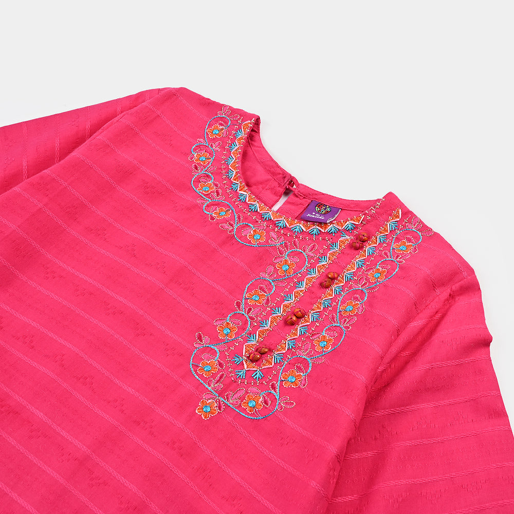 Girls Cotton Emb Kurti Cuffed-Pink