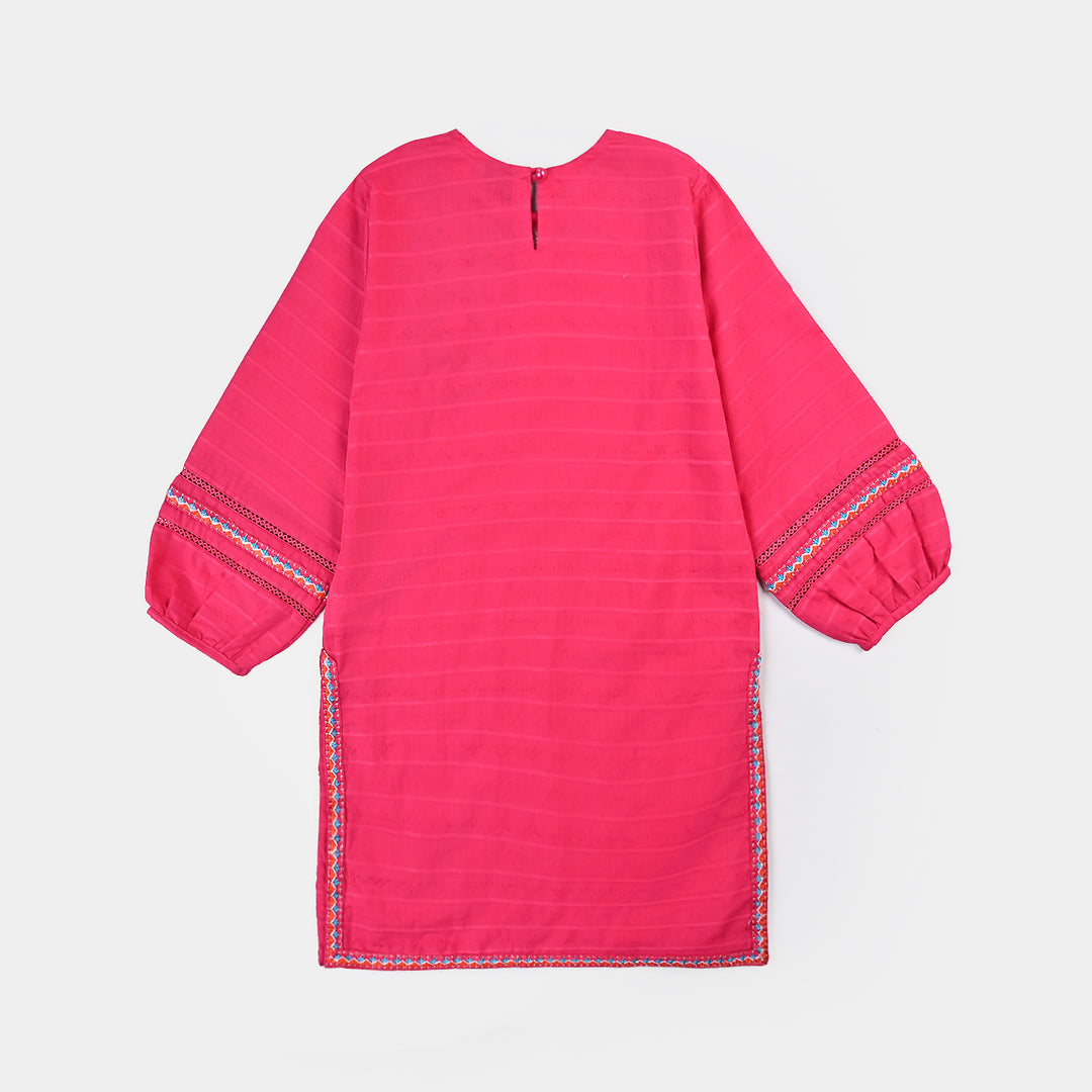 Girls Cotton Emb Kurti Cuffed-Pink