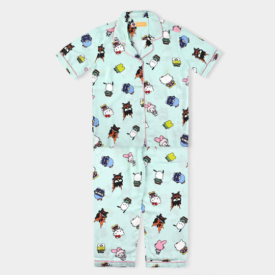 Girls Woven Night Suit Cartoons-Sea Green