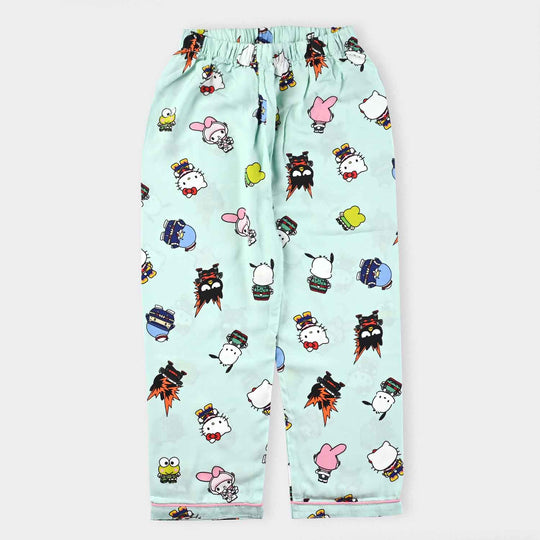 Girls Woven Night Suit Cartoons-Sea Green