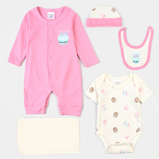 Infant Girls Cotton Interlock 5PCs Set-Pink/Cream