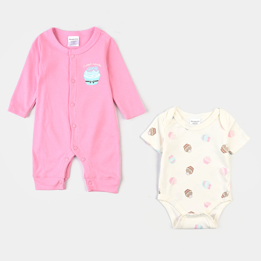 Infant Girls Cotton Interlock 5PCs Set-Pink/Cream