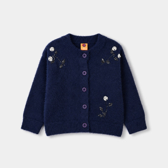 Girls Acrylic Sweater-Floral Motifs-Navy Blue