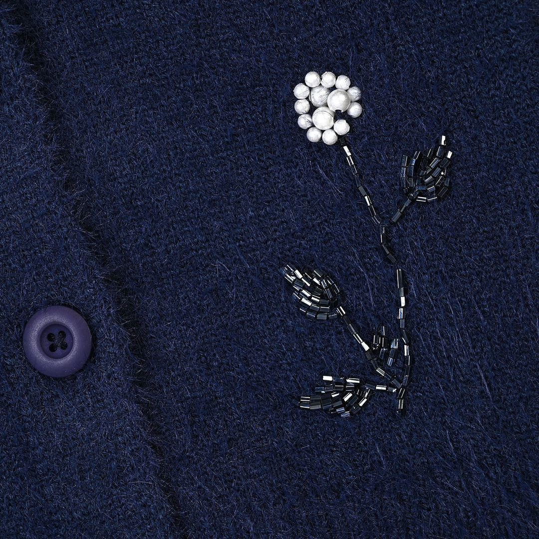 Girls Acrylic Sweater-Floral Motifs-Navy Blue