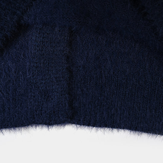 Girls Acrylic Sweater-Floral Motifs-Navy Blue