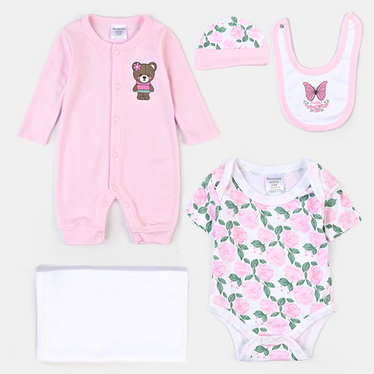 Infant Girls Cotton Interlock 5PCs Set-Pink/White