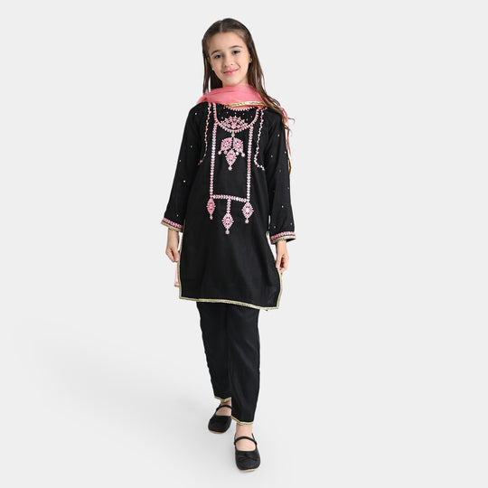 Girls Raw Silk 3PCs Suit Glorious-BLACK